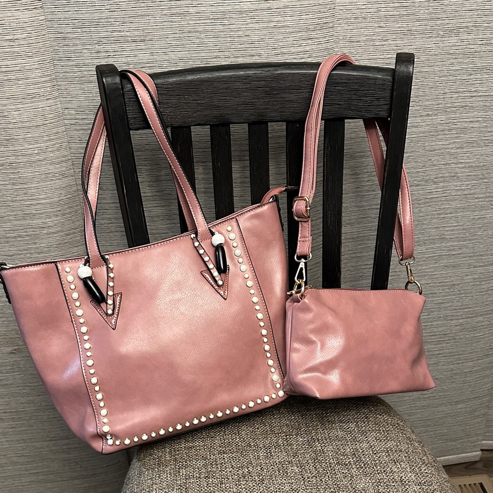 Pink Studded Women's Handbag and Crossbody Set